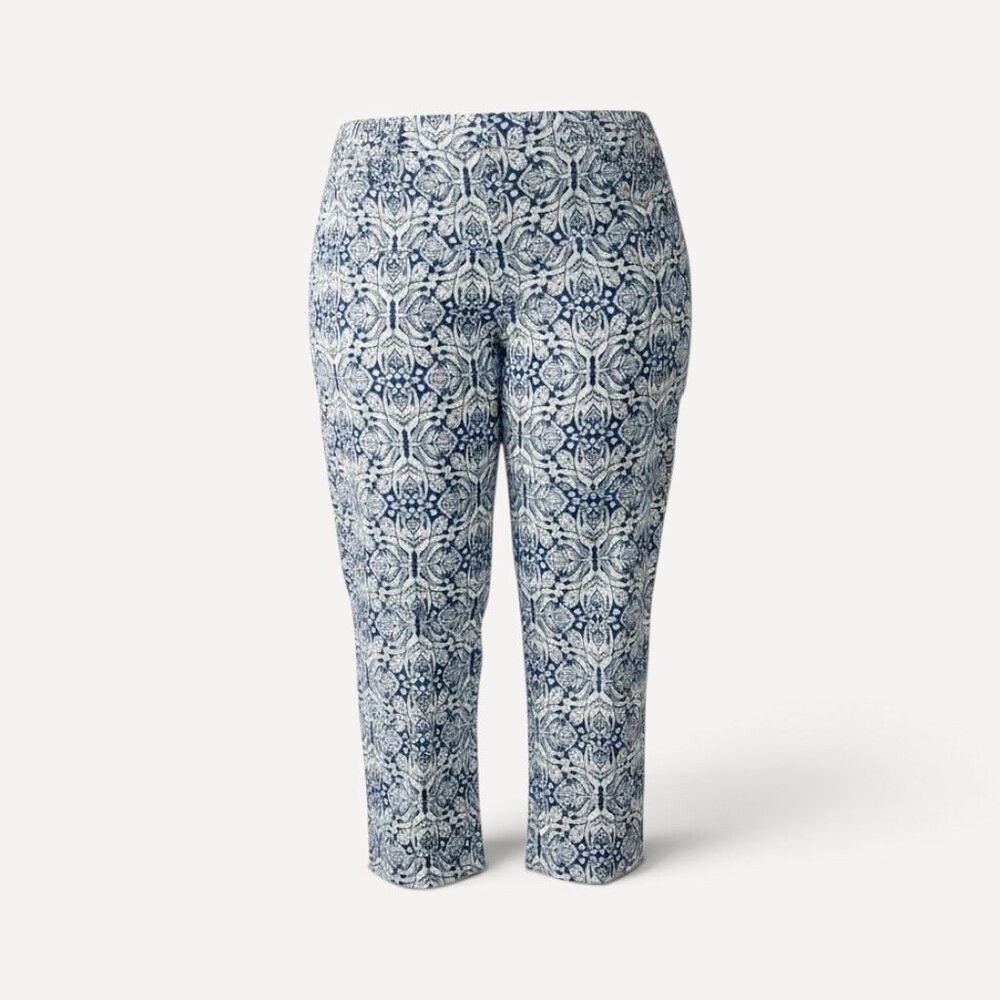 Lane Bryant 24 3X Blue White Floral Damask Cropped Pants Stretch Plus Size